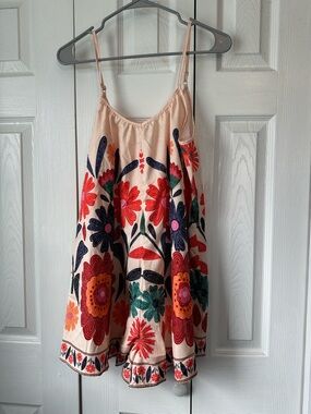 SHEIN Cream Spaghetti-Strap Floral Embroidered Romper